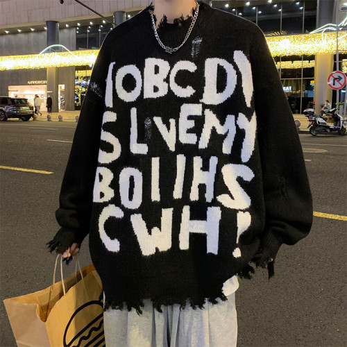 國潮嘻哈不規則破洞滿母毛衣男女oversize設計感保暖針織毛衫
