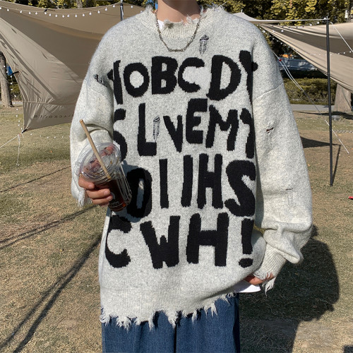 國潮嘻哈不規則破洞滿母毛衣男女oversize設計感保暖針織毛衫