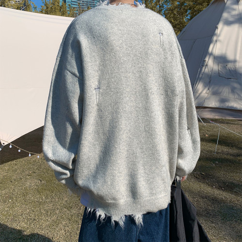 國潮嘻哈不規則破洞滿母毛衣男女oversize設計感保暖針織毛衫