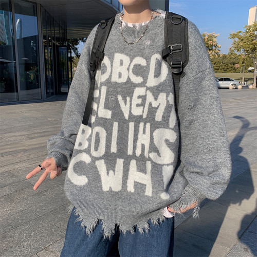 國潮嘻哈不規則破洞滿母毛衣男女oversize設計感保暖針織毛衫