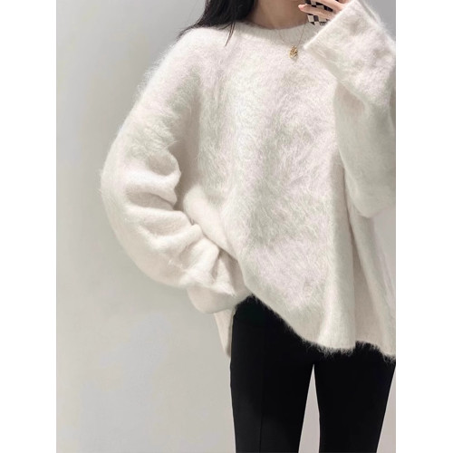 慵嬾風寬鬆灰色水貂絨套頭毛衣女冬天軟糯內搭可外穿馬海毛上衣厚