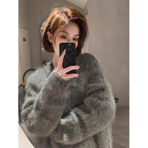 慵嬾風寬鬆灰色水貂絨套頭毛衣女冬天軟糯內搭可外穿馬海毛上衣厚
