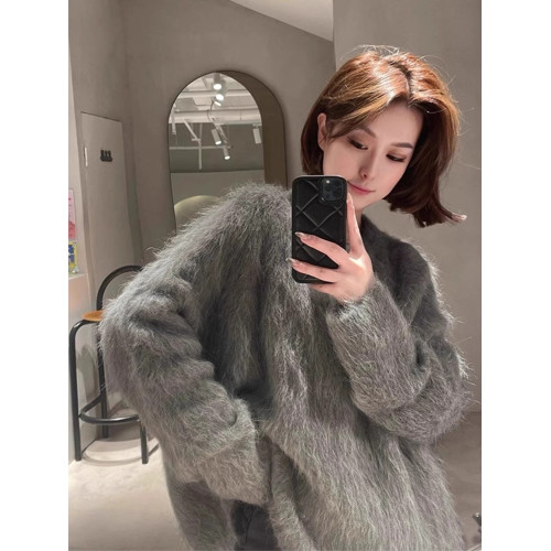 慵嬾風寬鬆灰色水貂絨套頭毛衣女冬天軟糯內搭可外穿馬海毛上衣厚