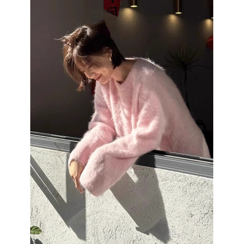 慵嬾風寬鬆灰色水貂絨套頭毛衣女冬天軟糯內搭可外穿馬海毛上衣厚