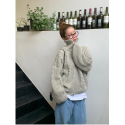 Up and on 街頭韓版慵嬾麻花紋高領寬鬆針織毛衣休閒百搭拉鍊外套