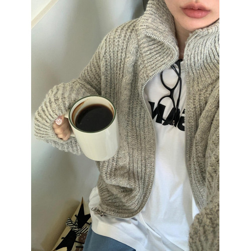 Up and on 街頭韓版慵嬾麻花紋高領寬鬆針織毛衣休閒百搭拉鍊外套