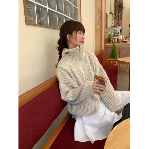 Up and on 街頭韓版慵嬾麻花紋高領寬鬆針織毛衣休閒百搭拉鍊外套