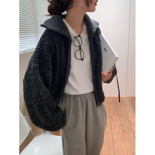 Up and on 街頭韓版慵嬾麻花紋高領寬鬆針織毛衣休閒百搭拉鍊外套