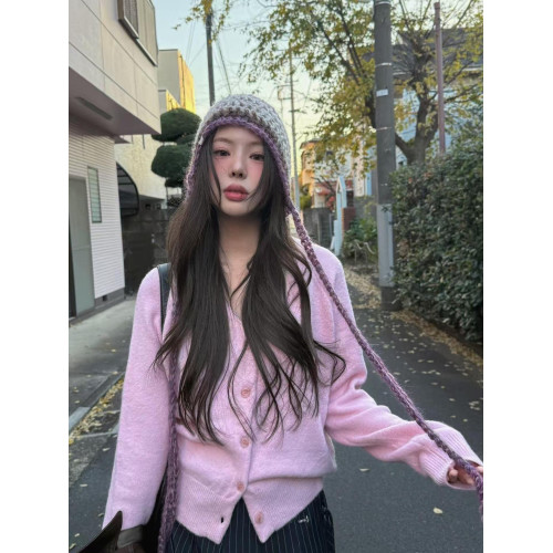 韓系高級感粉色軟糯毛衣開衫女秋冬2025新款松弛慵嬾風針織短外套