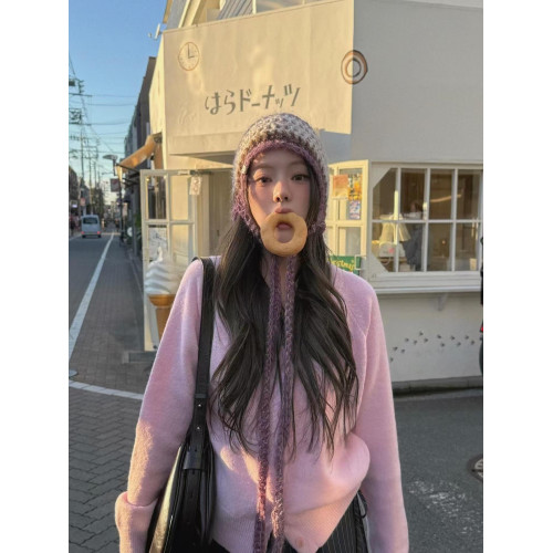 韓系高級感粉色軟糯毛衣開衫女秋冬2025新款松弛慵嬾風針織短外套