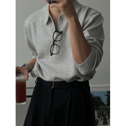 老錢風V領高級感毛衣男秋冬翻領打底針織衫韓版寬松休閒長袖外套