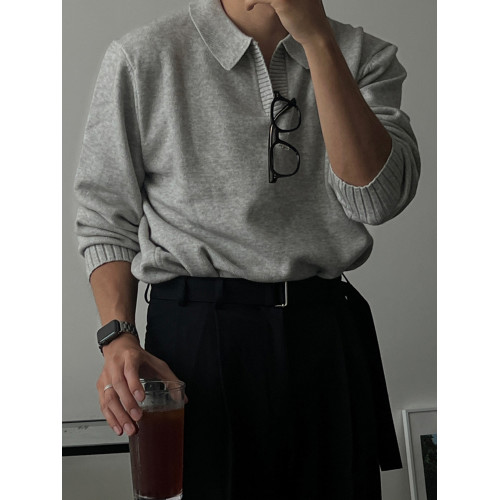 老錢風V領高級感毛衣男秋冬翻領打底針織衫韓版寬松休閒長袖外套