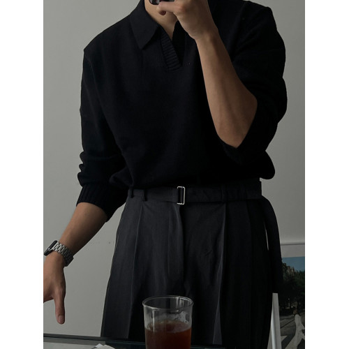 老錢風V領高級感毛衣男秋冬翻領打底針織衫韓版寬松休閒長袖外套