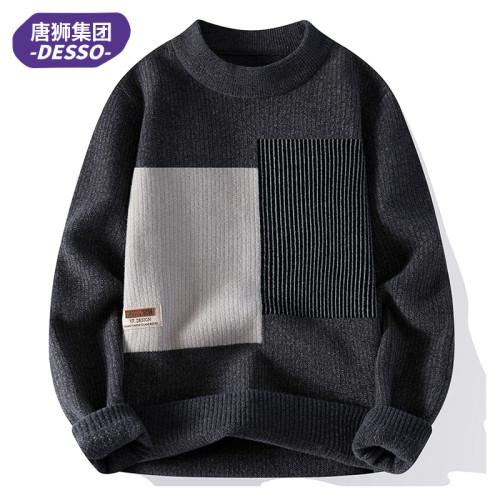 唐獅集團DESSO圓領毛衣男秋冬季2025拼色新款套頭針織衫男士潮