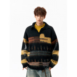 美式撞色Polo領針織衫男冬季潮牌設計感破洞毛衣高街百搭套頭上衣