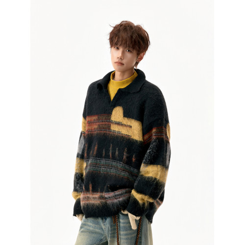 美式撞色Polo領針織衫男冬季潮牌設計感破洞毛衣高街百搭套頭上衣