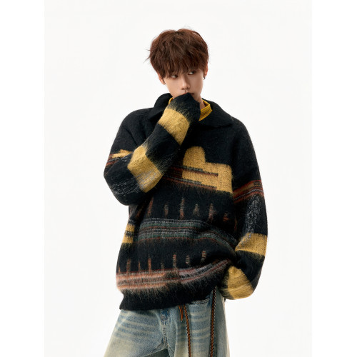 美式撞色Polo領針織衫男冬季潮牌設計感破洞毛衣高街百搭套頭上衣