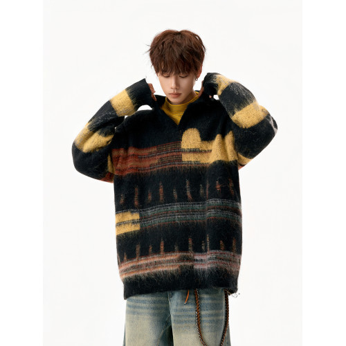 美式撞色Polo領針織衫男冬季潮牌設計感破洞毛衣高街百搭套頭上衣