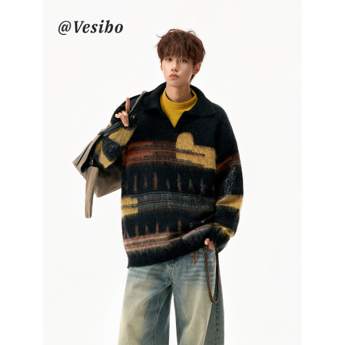 美式撞色Polo領針織衫男冬季潮牌設計感破洞毛衣高街百搭套頭上衣