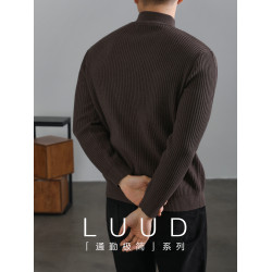 LUUD 咖啡色輕熟復古風毛衣男保暖套頭針織衫竪條紋理提花打底衫