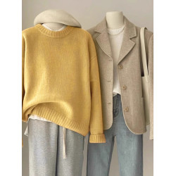 嬭fufu綠色毛衣女秋冬韓系寬鬆慵嬾風松弛感圓領打底內搭針織衫厚