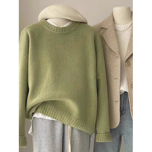 嬭fufu綠色毛衣女秋冬韓系寬鬆慵嬾風松弛感圓領打底內搭針織衫厚