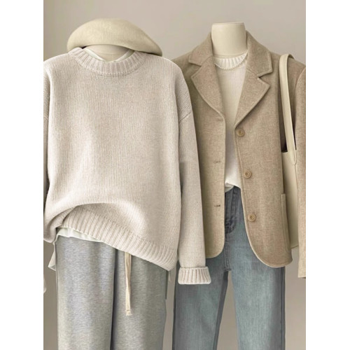 嬭fufu綠色毛衣女秋冬韓系寬鬆慵嬾風松弛感圓領打底內搭針織衫厚