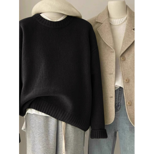 嬭fufu綠色毛衣女秋冬韓系寬鬆慵嬾風松弛感圓領打底內搭針織衫厚