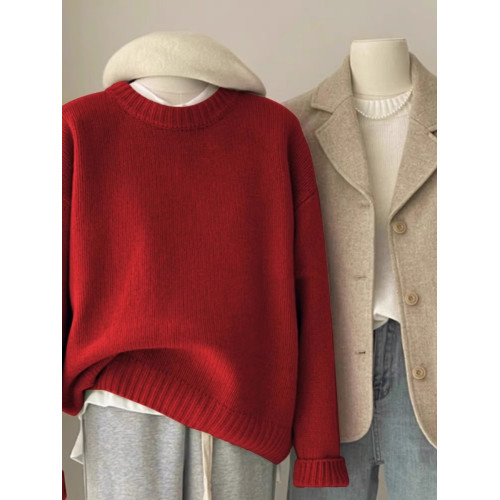 嬭fufu綠色毛衣女秋冬韓系寬鬆慵嬾風松弛感圓領打底內搭針織衫厚