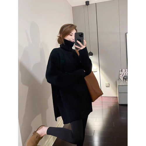 2026秋冬新款韓版加厚寬鬆慵懶風中長款開叉高領針織打底衫毛衣女