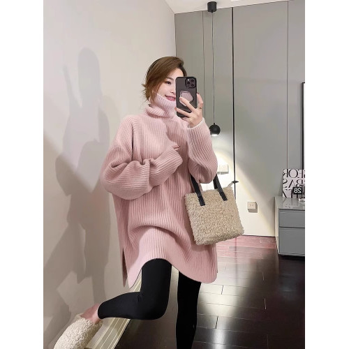2026秋冬新款韓版加厚寬鬆慵懶風中長款開叉高領針織打底衫毛衣女