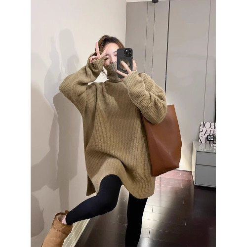 2026秋冬新款韓版加厚寬鬆慵懶風中長款開叉高領針織打底衫毛衣女