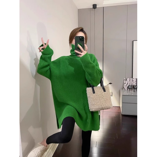 2026秋冬新款韓版加厚寬鬆慵懶風中長款開叉高領針織打底衫毛衣女