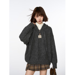 灰色連帽套頭針織毛衣女秋冬冬季寬鬆韓系慵嬾風加厚上衣衛衣外套