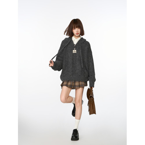 灰色連帽套頭針織毛衣女秋冬冬季寬鬆韓系慵嬾風加厚上衣衛衣外套