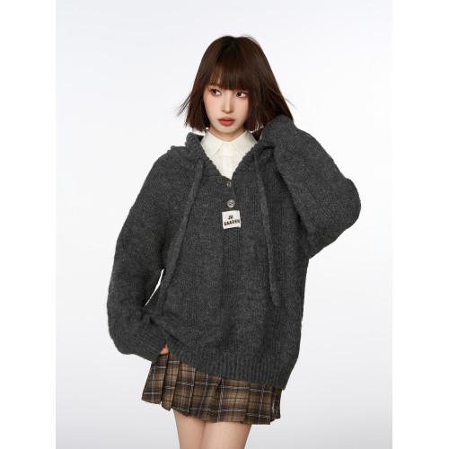 灰色連帽套頭針織毛衣女秋冬冬季寬鬆韓系慵嬾風加厚上衣衛衣外套