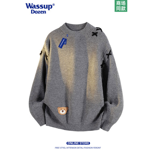 WASSUP DOZEN美式卡通小熊刺綉針織衫男黑色圓領寬鬆半高領毛衣潮