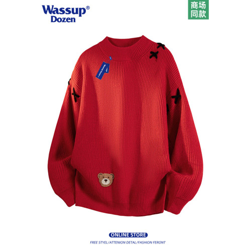 WASSUP DOZEN美式卡通小熊刺綉針織衫男黑色圓領寬鬆半高領毛衣潮