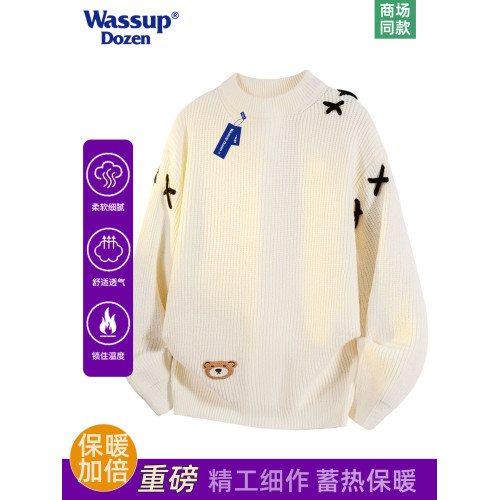 WASSUP DOZEN美式卡通小熊刺綉針織衫男黑色圓領寬鬆半高領毛衣潮