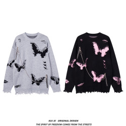 國潮嘻哈復古撞色寬松不規則破洞針織衫毛衣男秋冬季oversize上衣