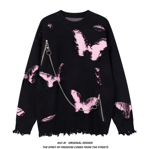 國潮嘻哈復古撞色寬松不規則破洞針織衫毛衣男秋冬季oversize上衣 國潮嘻哈復古撞色寬松不規則破洞針織衫毛衣男秋冬季oversize上衣