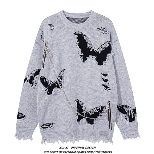 國潮嘻哈復古撞色寬松不規則破洞針織衫毛衣男秋冬季oversize上衣 國潮嘻哈復古撞色寬松不規則破洞針織衫毛衣男秋冬季oversize上衣