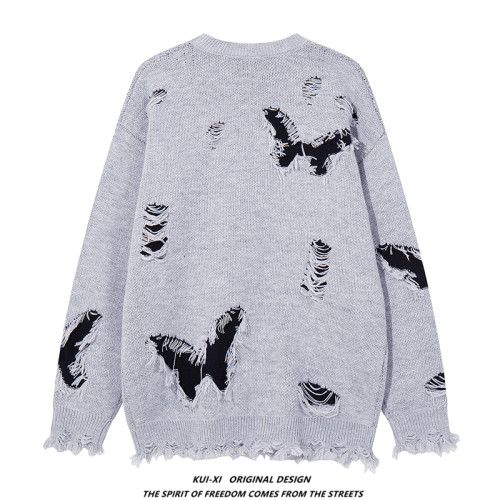 國潮嘻哈復古撞色寬松不規則破洞針織衫毛衣男秋冬季oversize上衣 國潮嘻哈復古撞色寬松不規則破洞針織衫毛衣男秋冬季oversize上衣