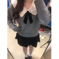 灰色娃娃領鉤花蝴蝶結針織衫女2025秋冬季新款寬松小衆毛衣上衣厚