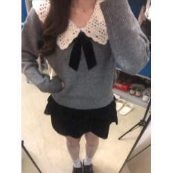 灰色娃娃領鉤花蝴蝶結針織衫女2025秋冬季新款寬松小衆毛衣上衣厚