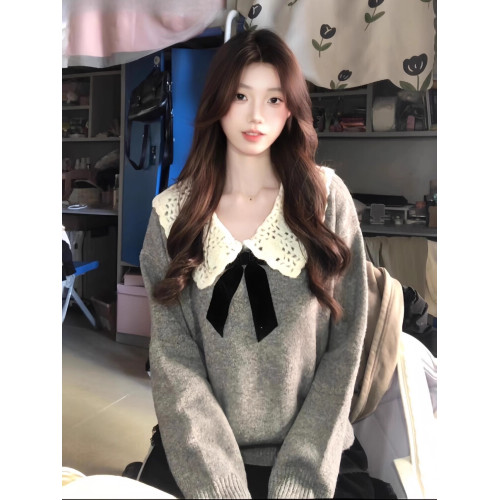 灰色娃娃領鉤花蝴蝶結針織衫女2025秋冬季新款寬松小衆毛衣上衣厚 灰色娃娃領鉤花蝴蝶結針織衫女2025秋冬季新款寬松小衆毛衣上衣厚