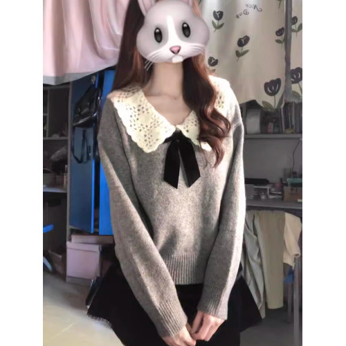 灰色娃娃領鉤花蝴蝶結針織衫女2025秋冬季新款寬松小衆毛衣上衣厚 灰色娃娃領鉤花蝴蝶結針織衫女2025秋冬季新款寬松小衆毛衣上衣厚