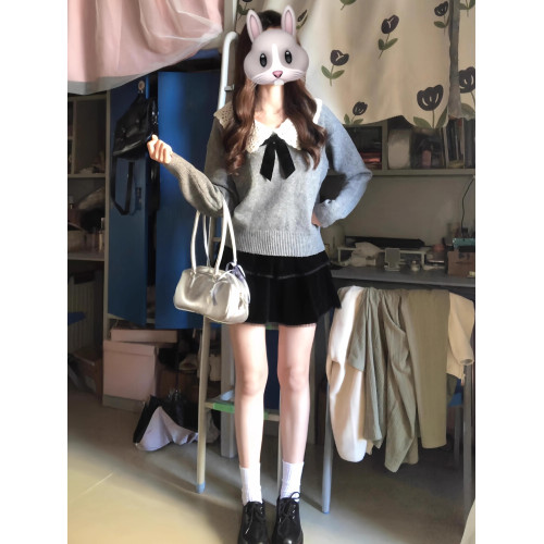 灰色娃娃領鉤花蝴蝶結針織衫女2025秋冬季新款寬松小衆毛衣上衣厚 灰色娃娃領鉤花蝴蝶結針織衫女2025秋冬季新款寬松小衆毛衣上衣厚