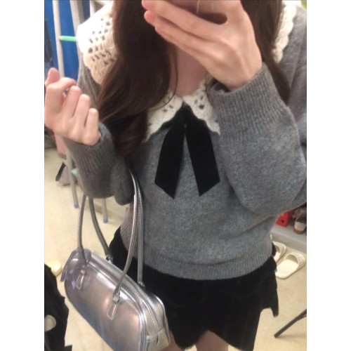 灰色娃娃領鉤花蝴蝶結針織衫女2025秋冬季新款寬松小衆毛衣上衣厚 灰色娃娃領鉤花蝴蝶結針織衫女2025秋冬季新款寬松小衆毛衣上衣厚