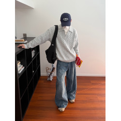 19studio WAYNEPRINCE美式復古襯衫領針織衫情侶百搭寬松休閒毛衣